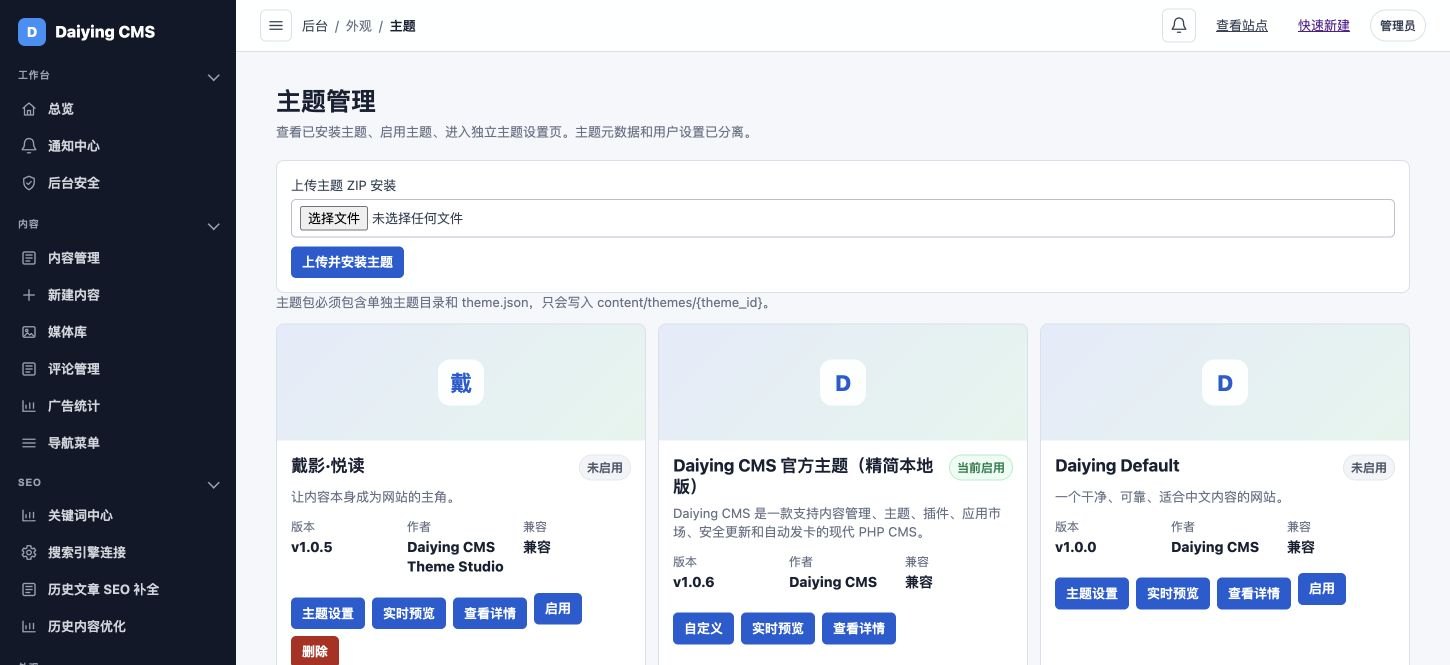 戴影 CMS 官网真实主题管理页面中的当前启用标识和启用按钮
