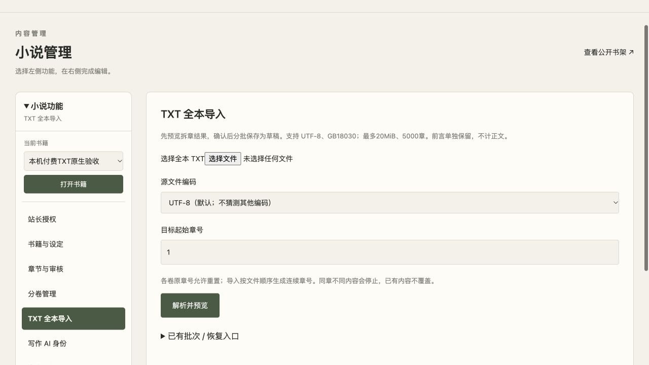 TXT全本导入的编码、起始章号与解析预览功能